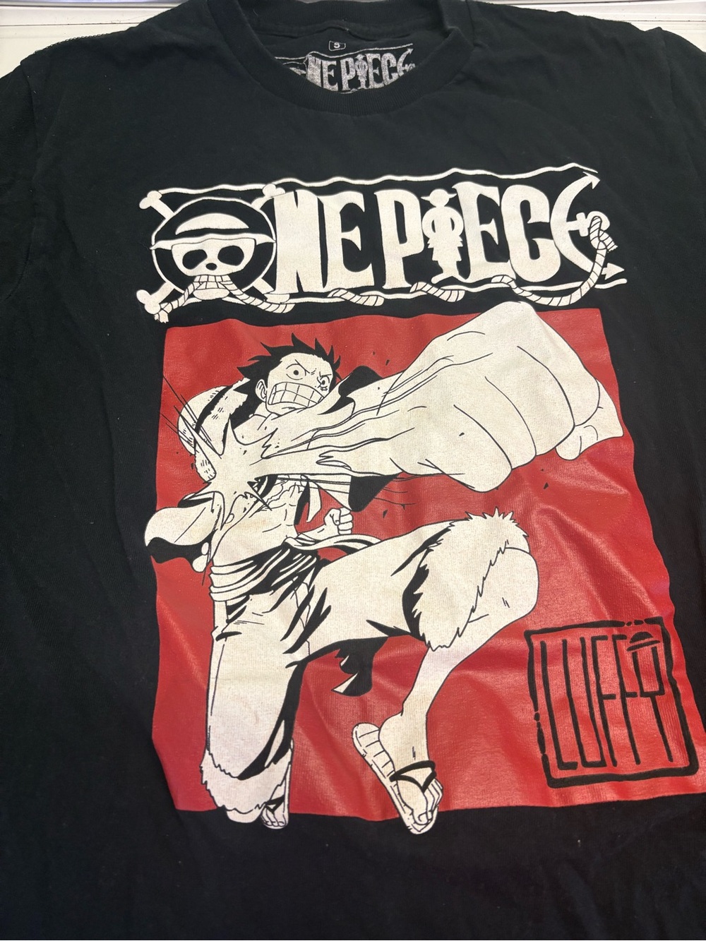 One Piece Luffy Graphic Tee - Black with Red & White Print size small